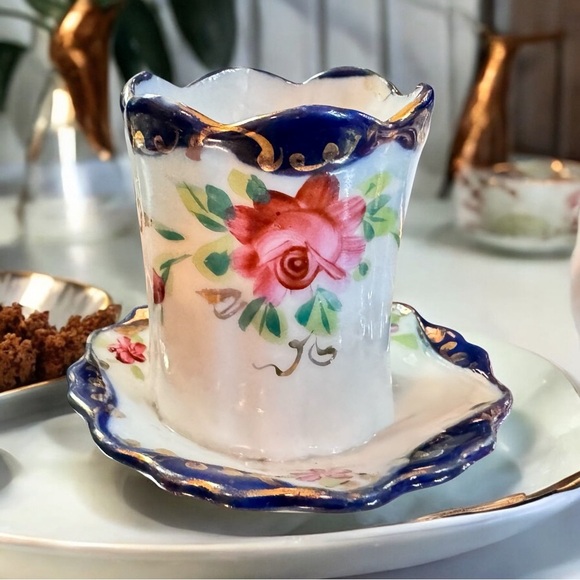 Antique Hand Painted  Cobalt Blue Floral Gold Toothpick / Matchstick Holder - Picture 2 of 7